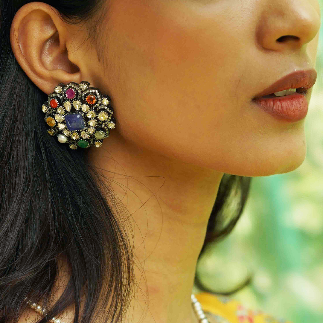 Vintage Polki Navratan Oversized Earrings