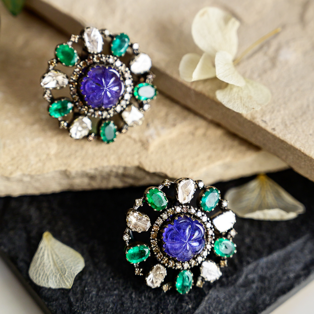 Round Polki Tanzanite Emerald Earrings