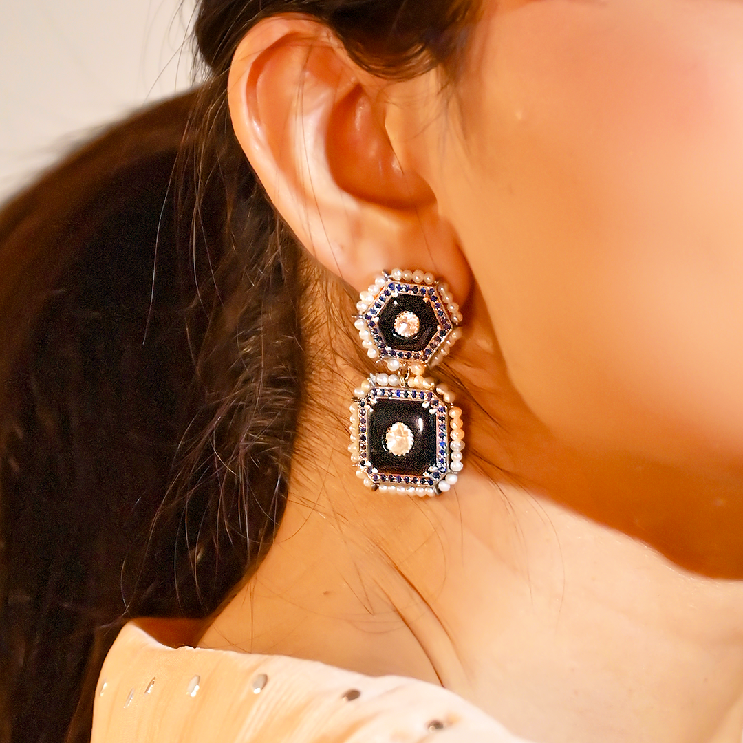 Donella Polki Black Onyx Sapphire Earrings