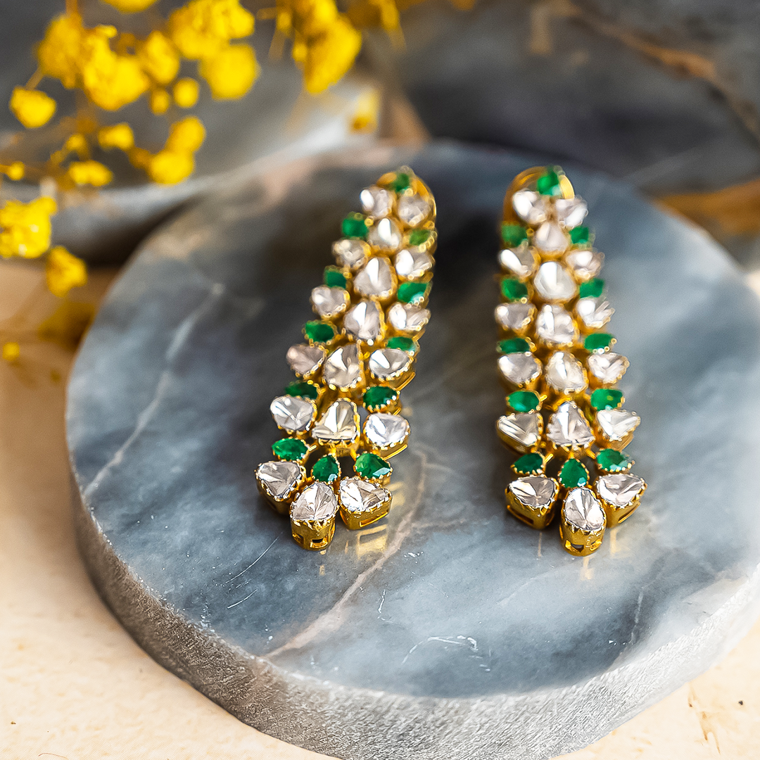 Waterfall Polki Emerald Earrings
