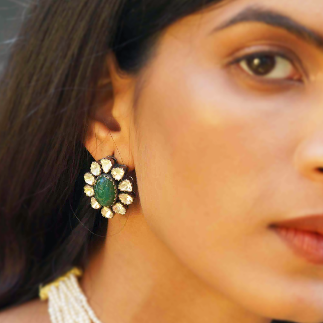 Fiora Polki Carved Emerald Earrings