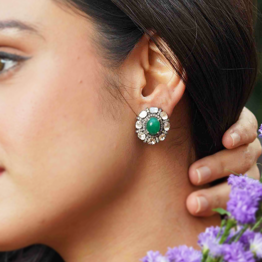Cabochon Polki Emerald Earrings