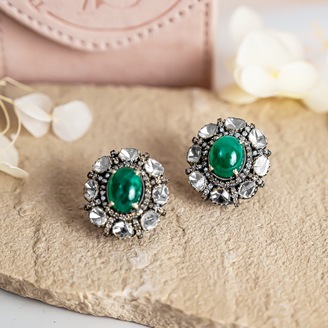 Cabochon Polki Emerald Earrings