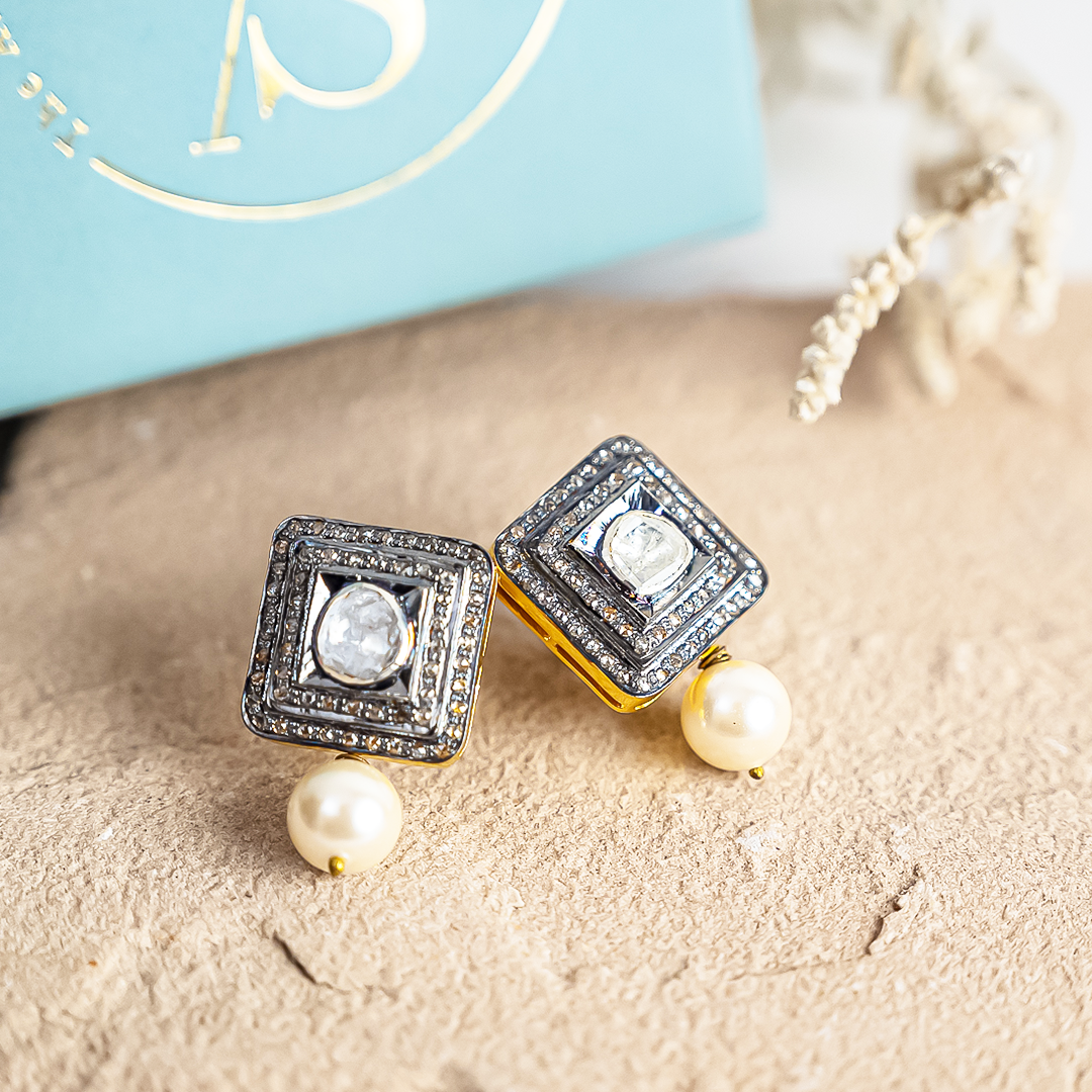 Dual Polki Square Earrings