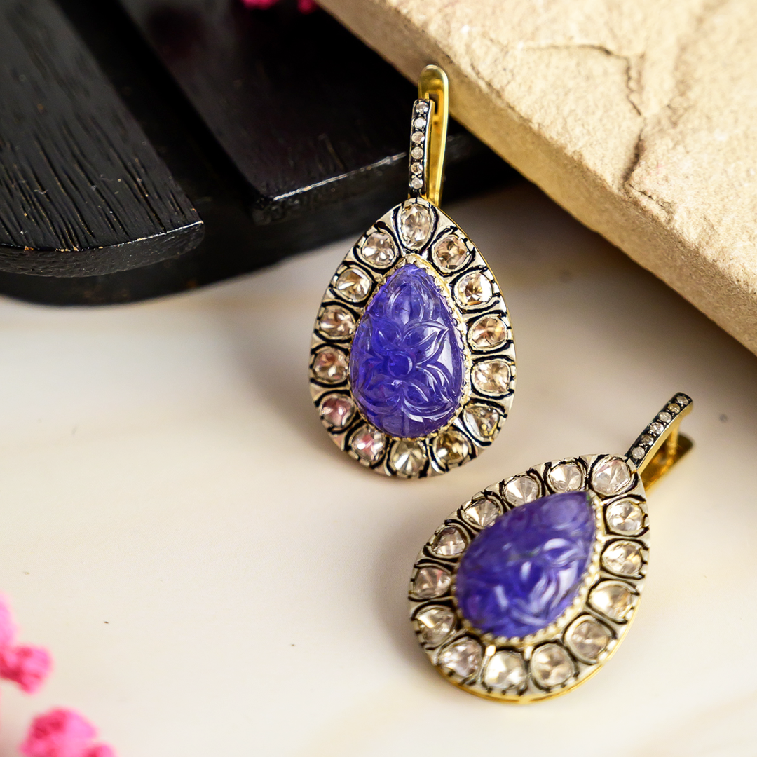 Ray Polki Carved Tanzanite Earrings