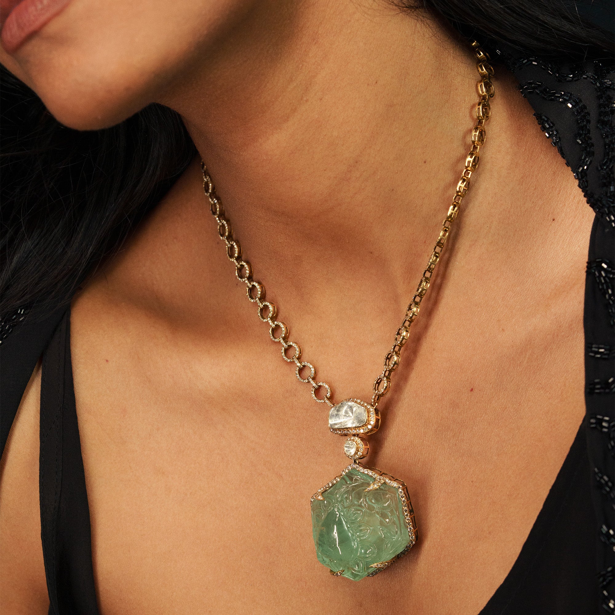 Emerald Polki diamond gold necklace, luxury handcrafted traditional Indian jewellery, statement necklace for women