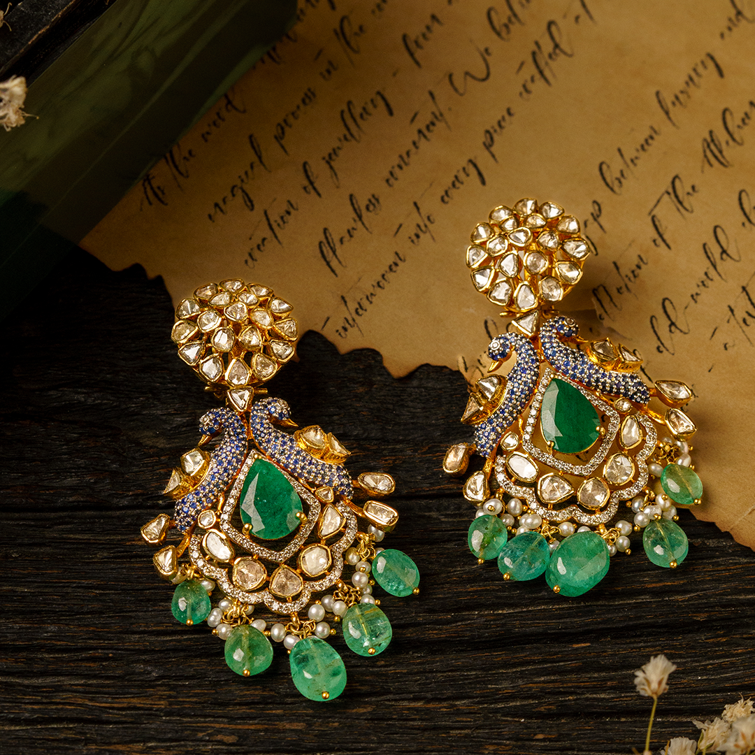 Peacock Flower Emerald Coral Polki Earrings