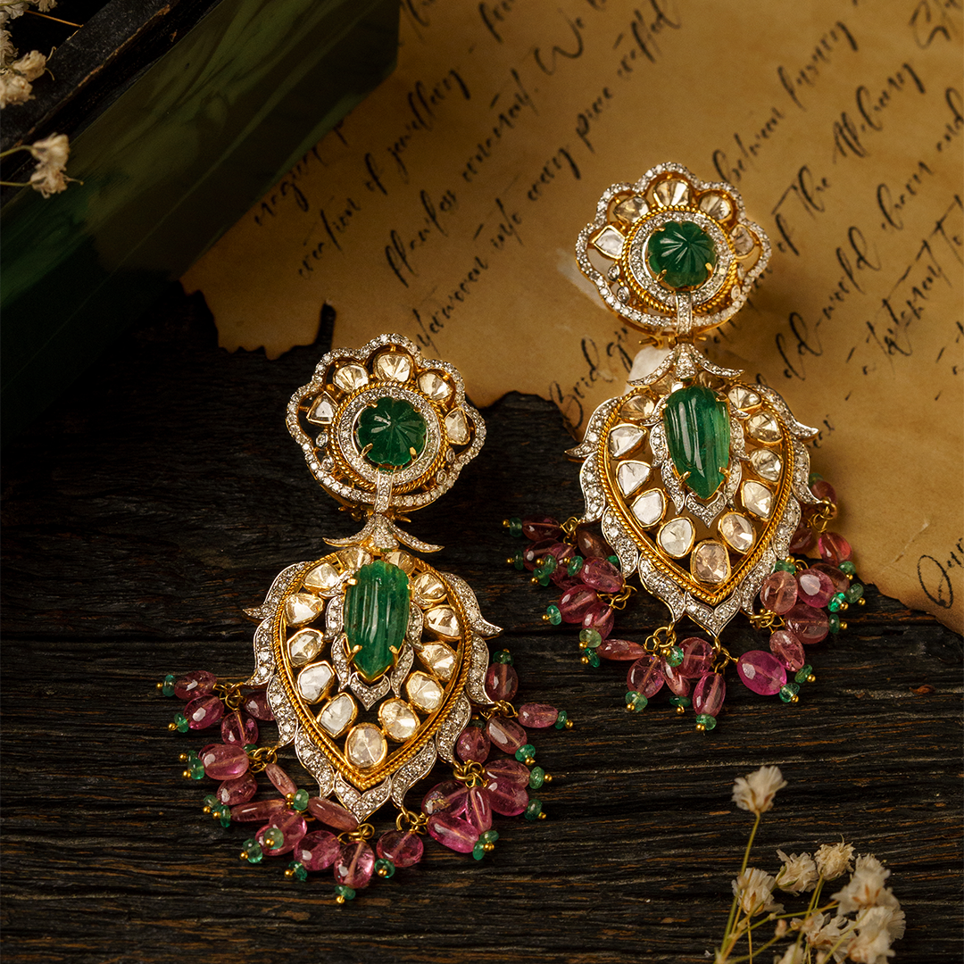 Carved Emerald Drop Polki Earrings