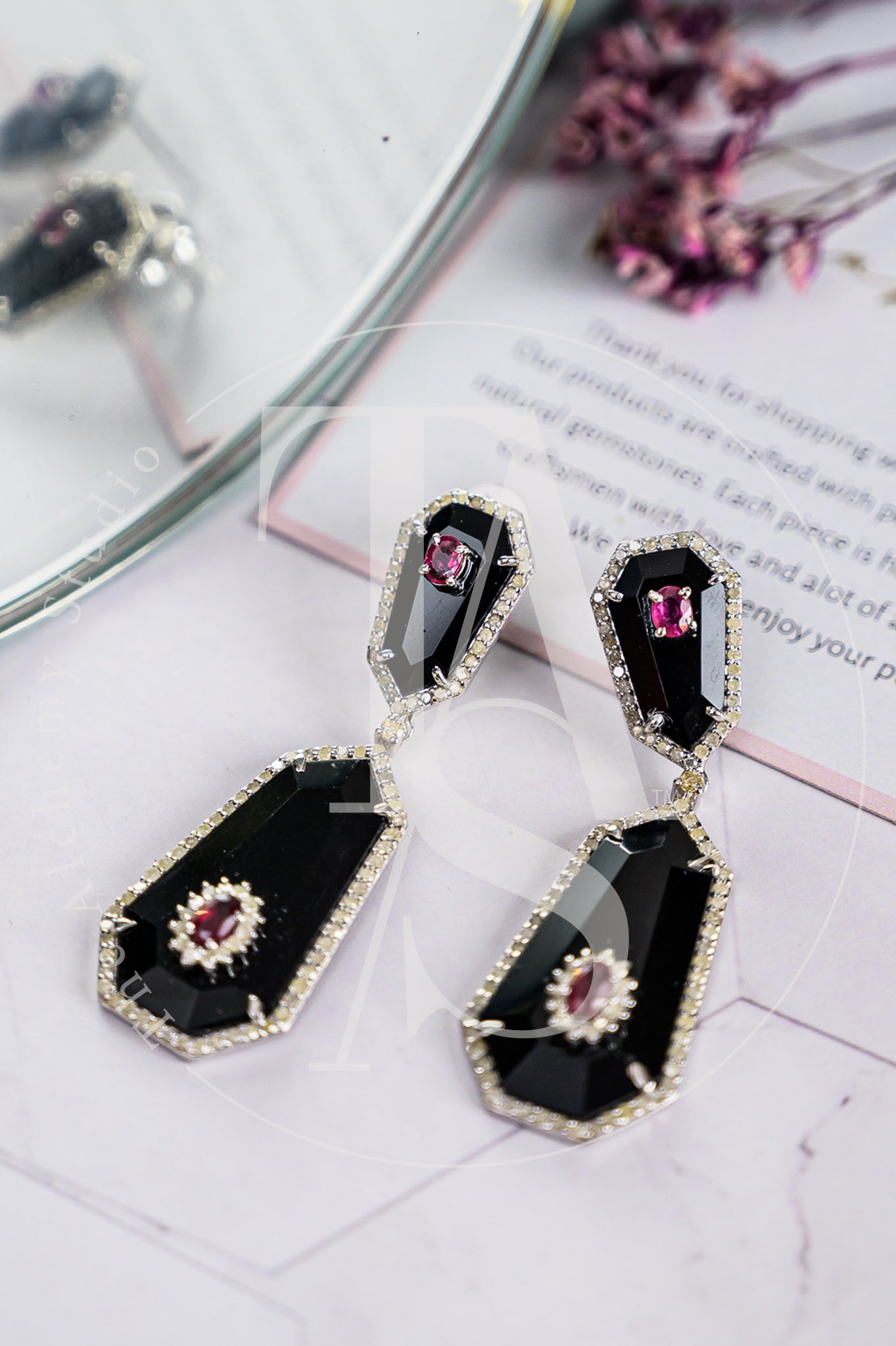 Louise Black Onyx and Ruby Earrings