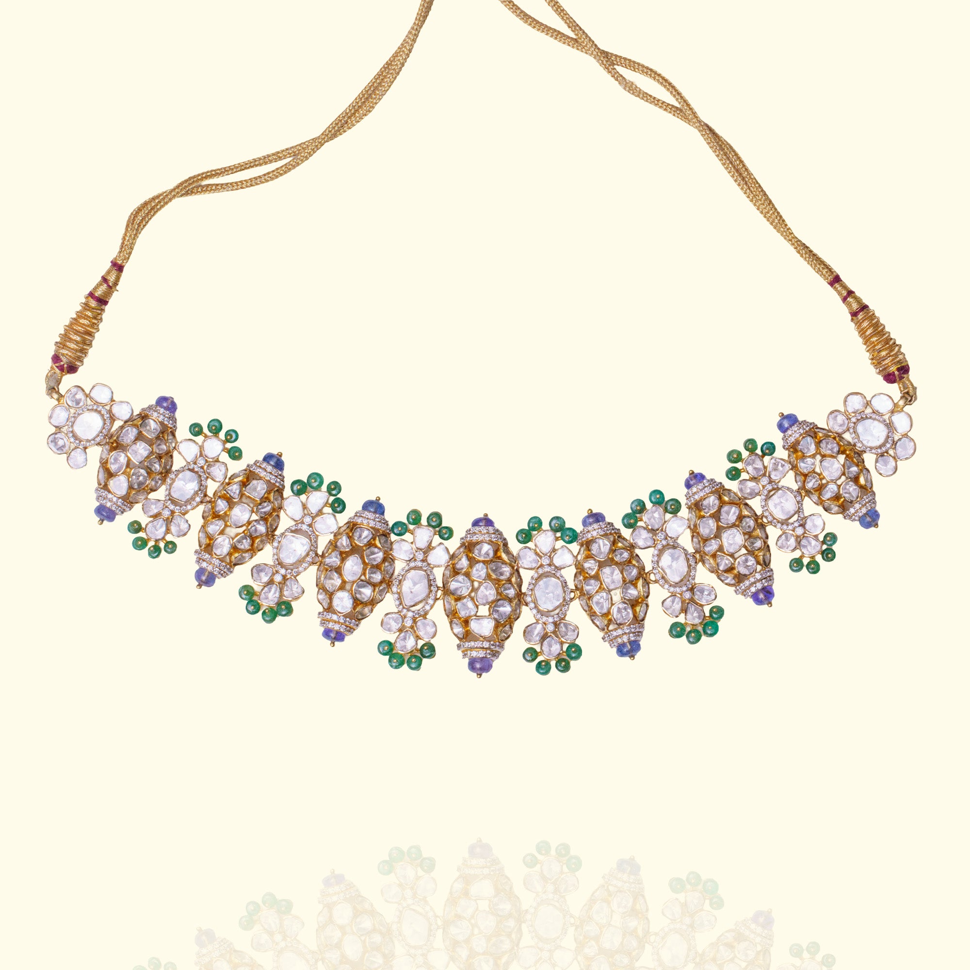 Emerald Polki diamond floral gold necklace, handcrafted luxury traditional jewellery, statement necklace for women