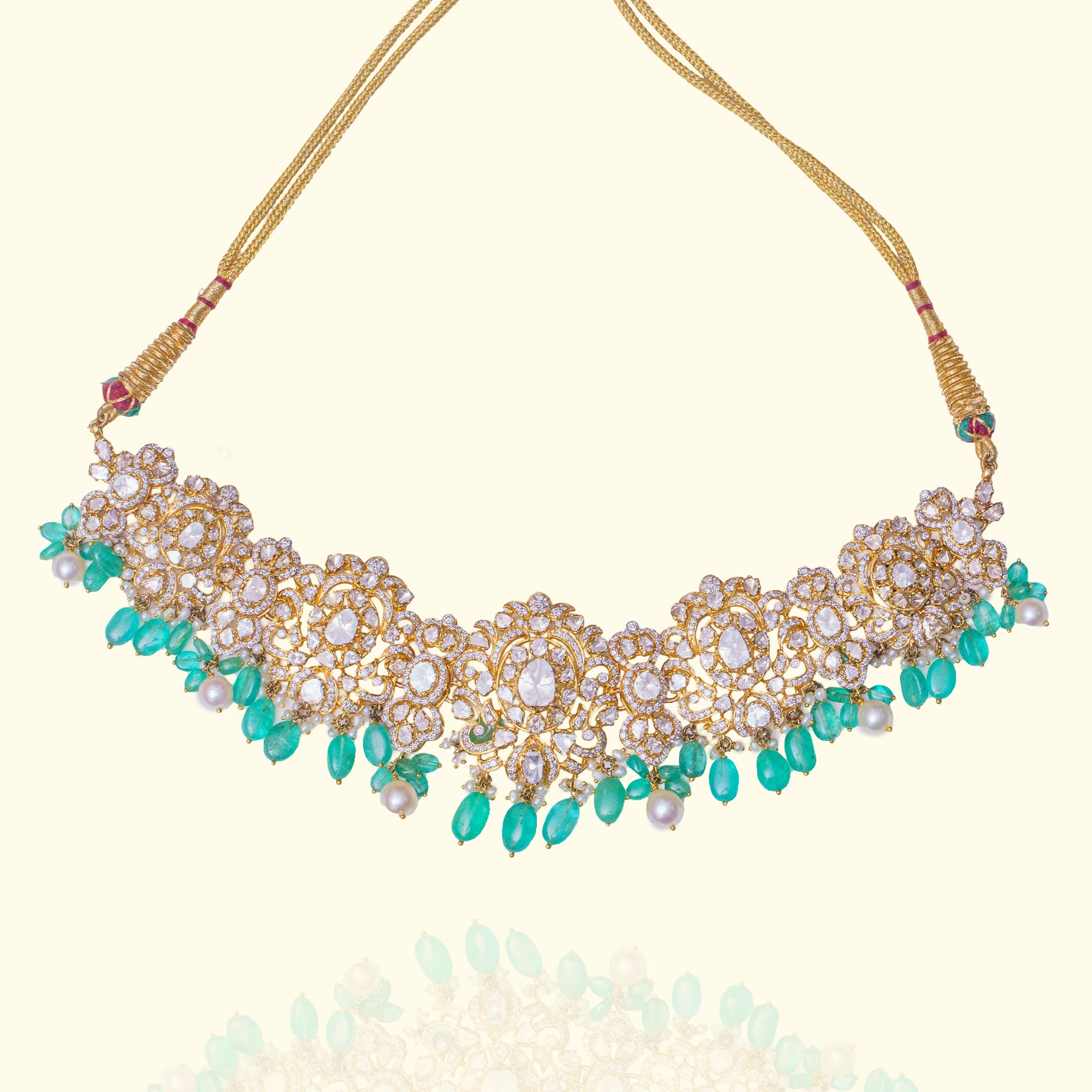 Emerald and Polki diamond gold filigree necklace, luxury handcrafted traditional fine jewellery