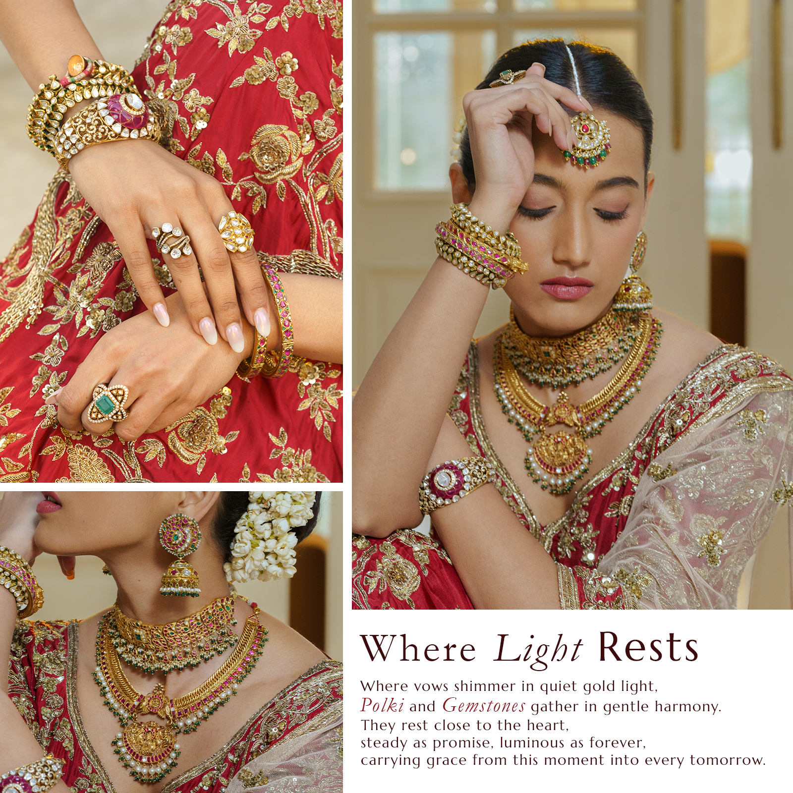 Elaborate bridal jewelry set featuring a Polki diamond choker, a layered gold temple-style necklace with emerald and ruby accents, matching Jhumka earrings, a Polki maang tikka, and stacked ruby and diamond bangles.