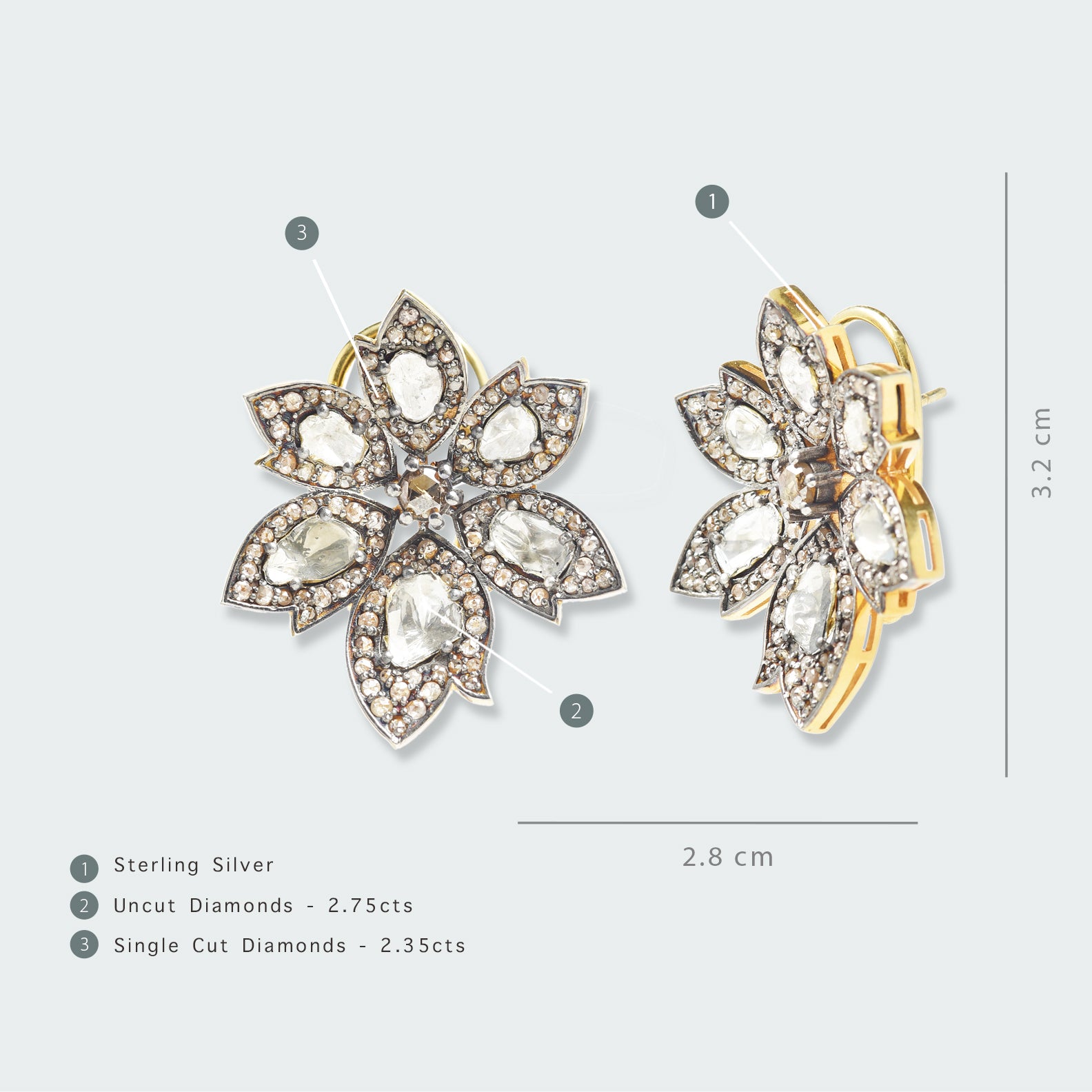Asymmetric Flower Polki Earrings