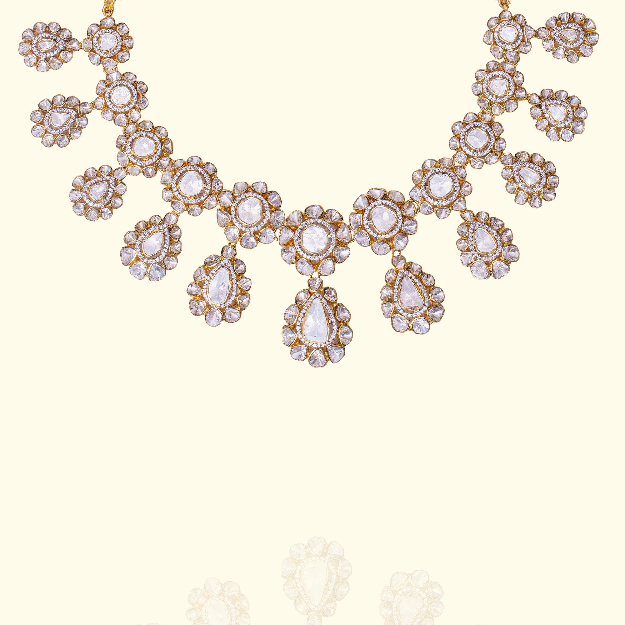 Dual-flower Polki diamond gold necklace, traditional luxury handcrafted jewellery for women