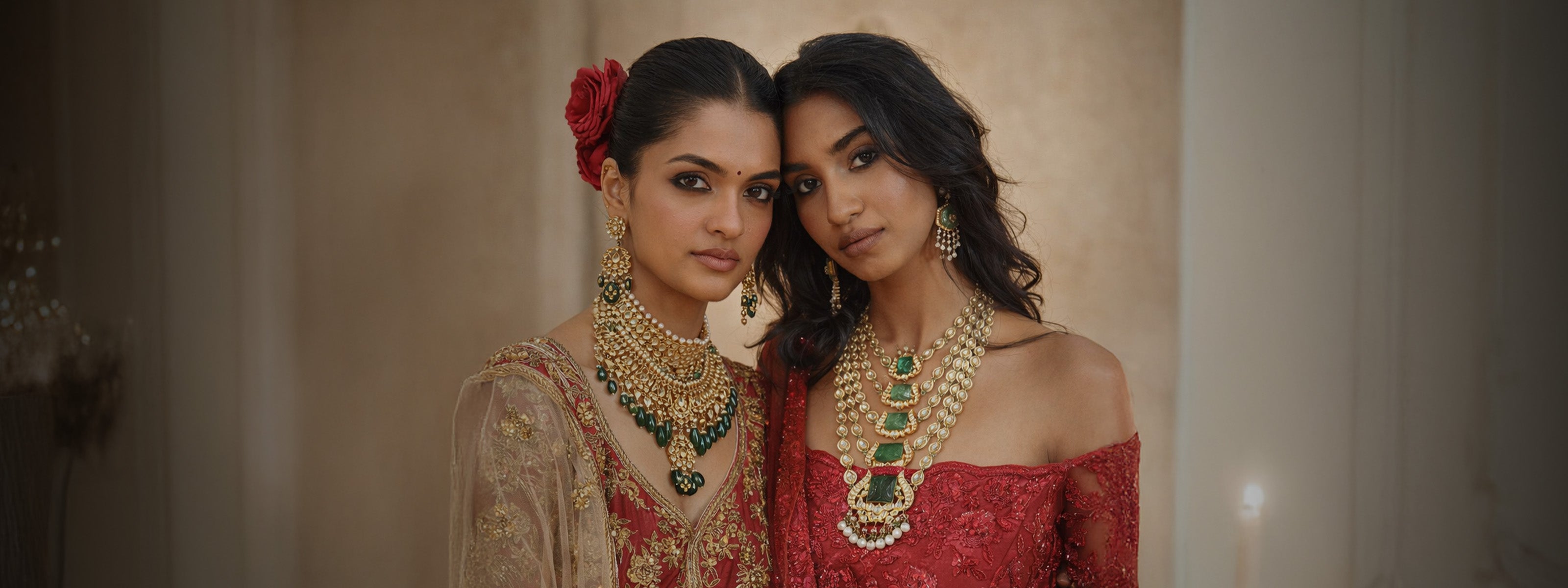 Two models wearing grand bridal ensembles; the model on the left wears a wide multi-tiered uncut polki diamond choker with a heavy emerald bead fringe, while the model on the right wears a multi-strand graduated necklace featuring rectangular carved emerald cabochons set in polki-diamond frames.