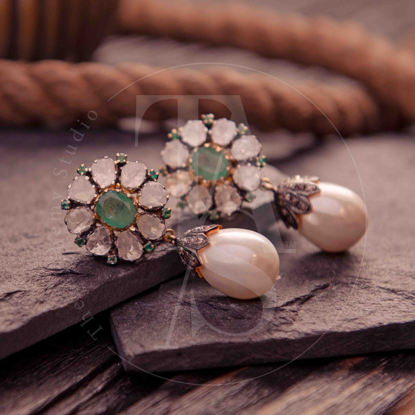 TAS Signature Emerald Uncut Diamond Flower Earrings