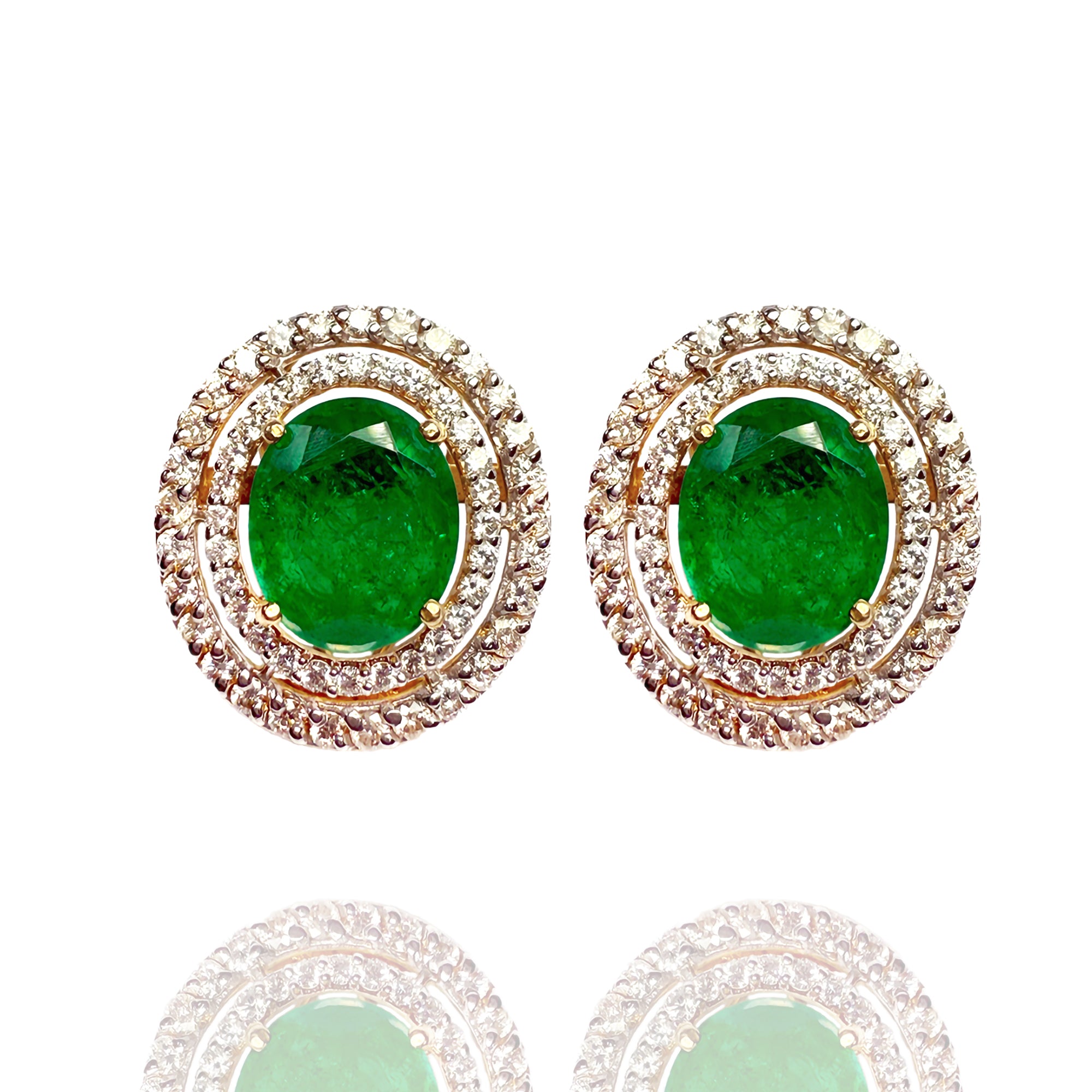 Dual halo emerald and diamond gold earrings, luxury handcrafted fine jewellery, statement earrings