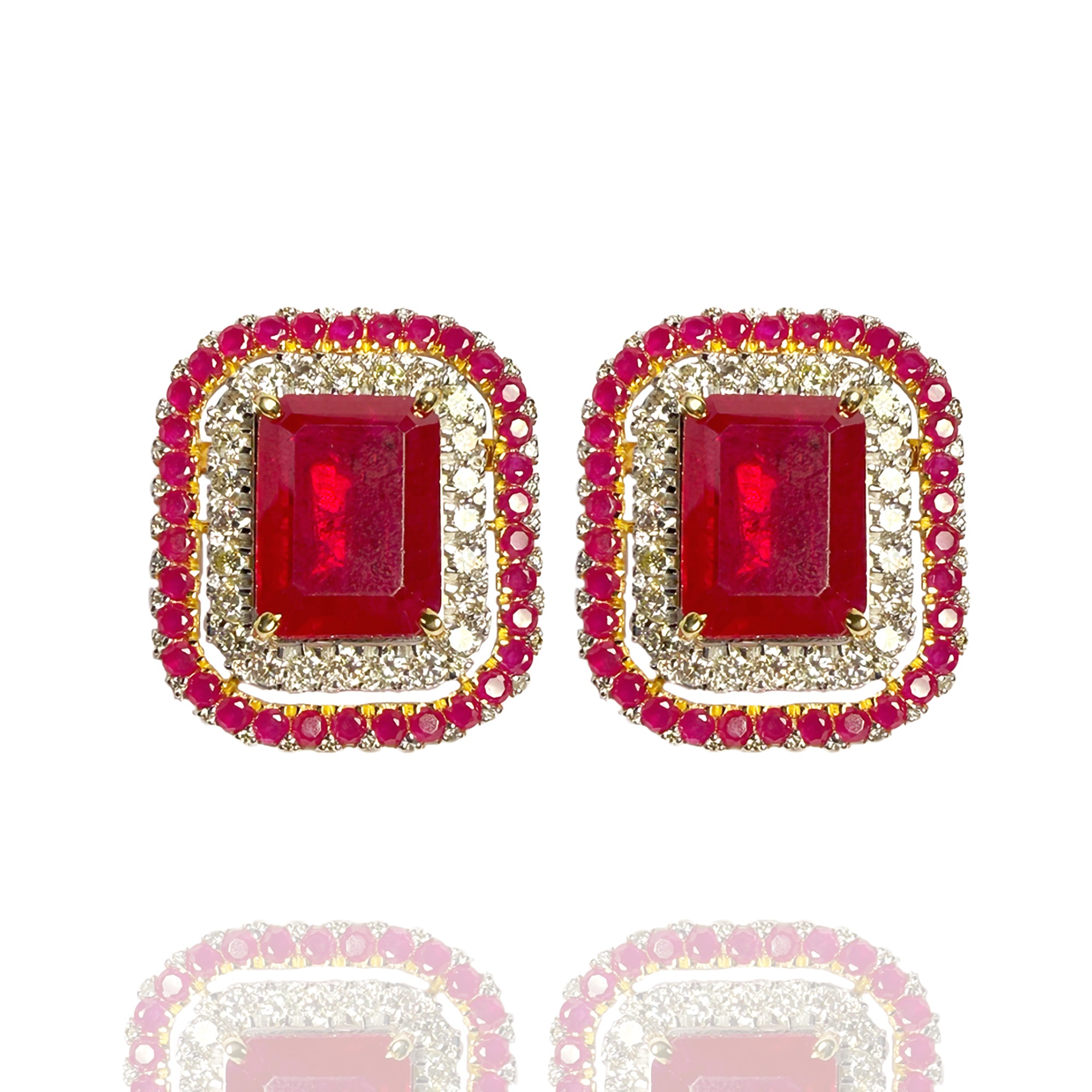 Ruby and diamond gold earrings, handcrafted luxury fine jewellery, statement earrings for women