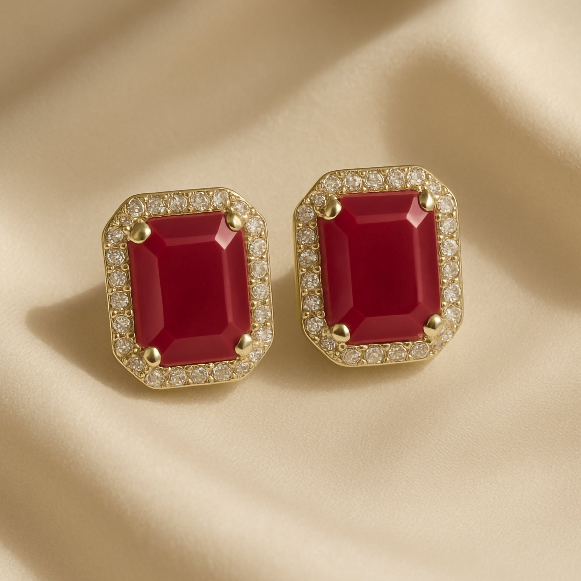 Rectangle ruby diamond gold earrings, luxury handcrafted fine jewellery, statement earrings