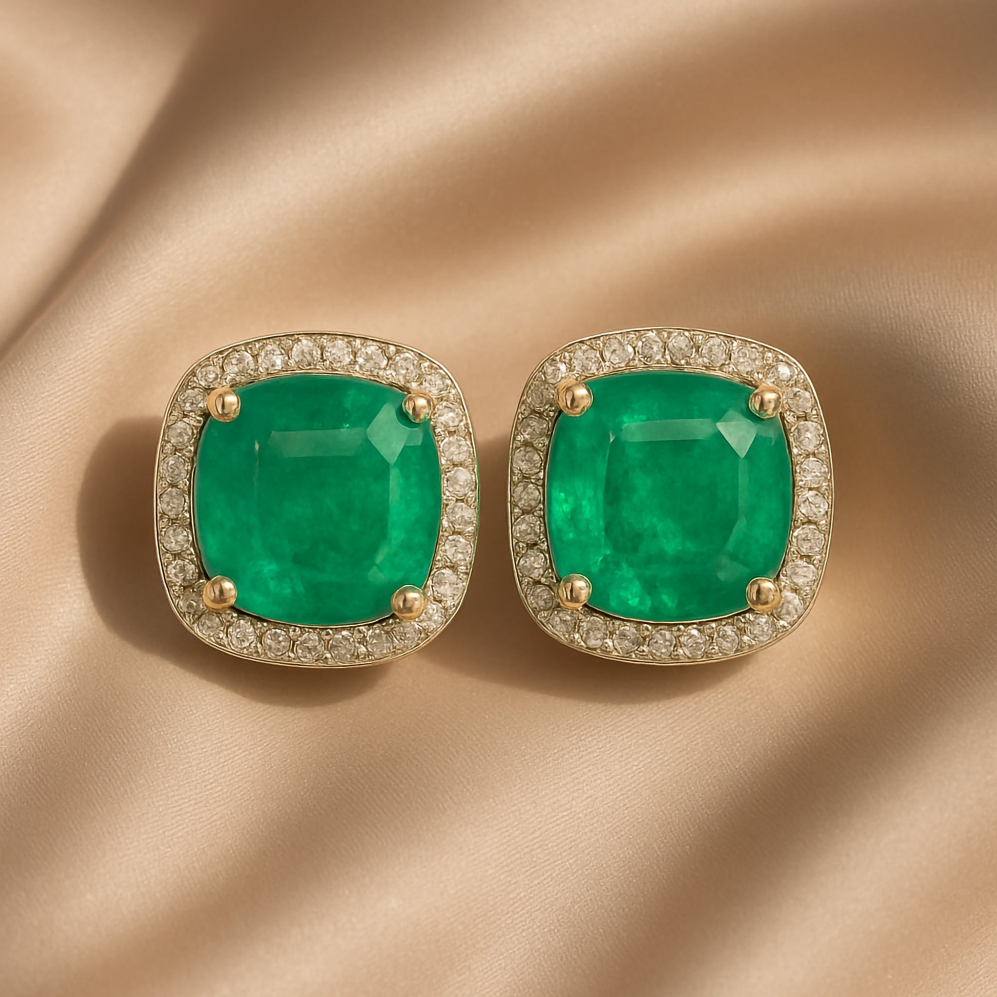 Cushion-cut emerald and diamond gold earrings, luxury handcrafted fine jewellery for women