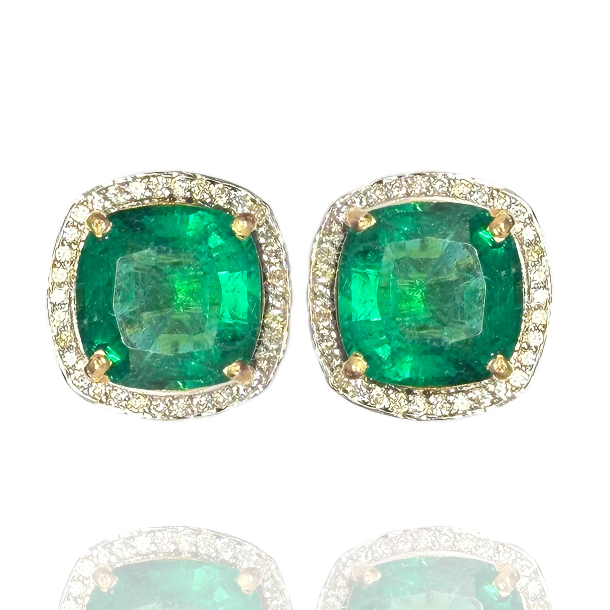 Cushion-cut emerald and diamond gold earrings, luxury handcrafted fine jewellery for women