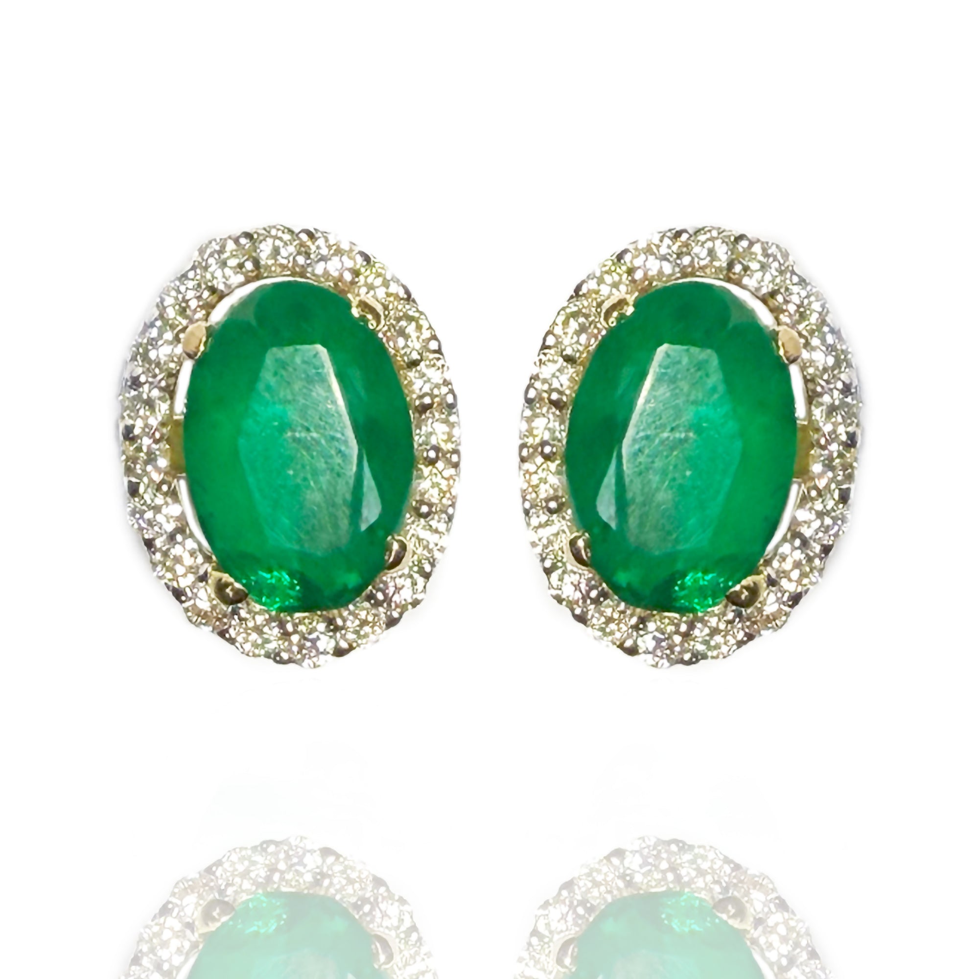 Halo emerald diamond gold earrings, luxury handcrafted fine jewellery, statement earrings