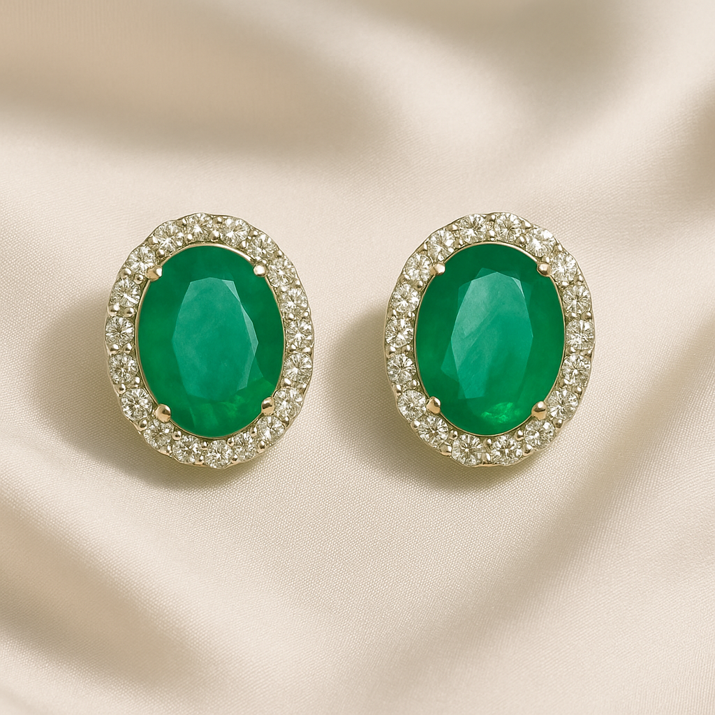 Halo emerald diamond gold earrings, luxury handcrafted fine jewellery, statement earrings
