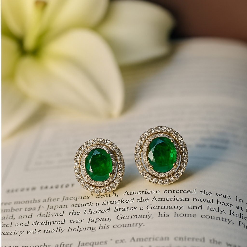 Dual halo emerald and diamond gold earrings, luxury handcrafted fine jewellery, statement earrings