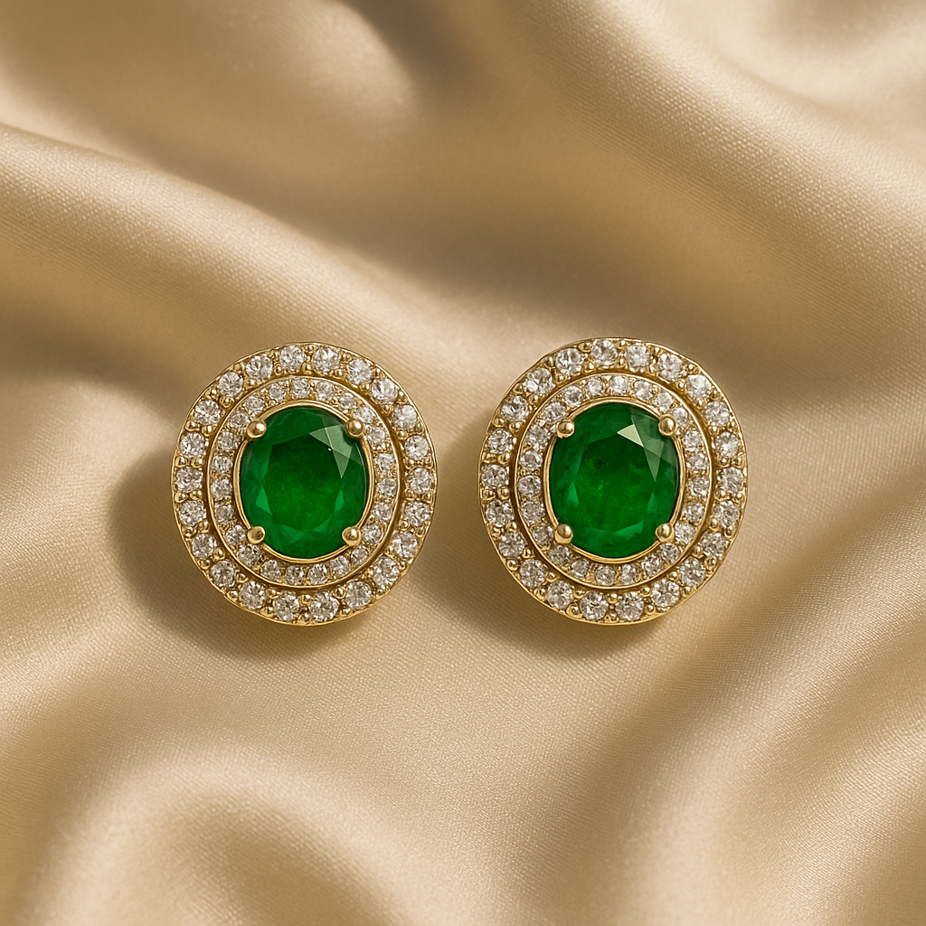 Dual halo emerald and diamond gold earrings, luxury handcrafted fine jewellery, statement earrings