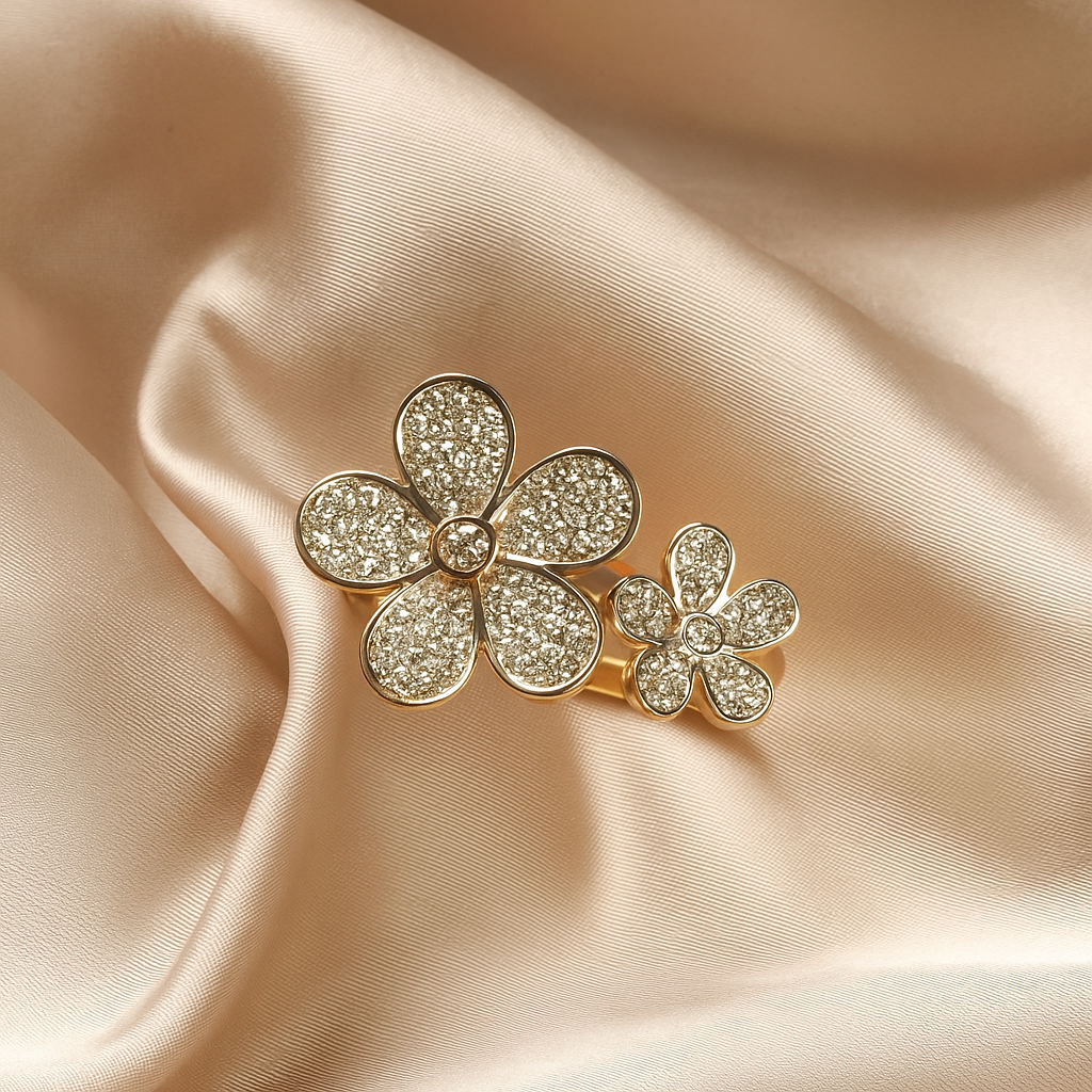 Floral dual diamond gold ring, luxury handcrafted fine jewellery, statement ring