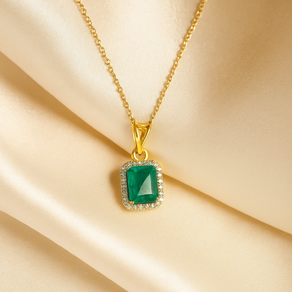 Emerald diamond gold pendant, luxury handcrafted fine jewellery, statement pendant for women