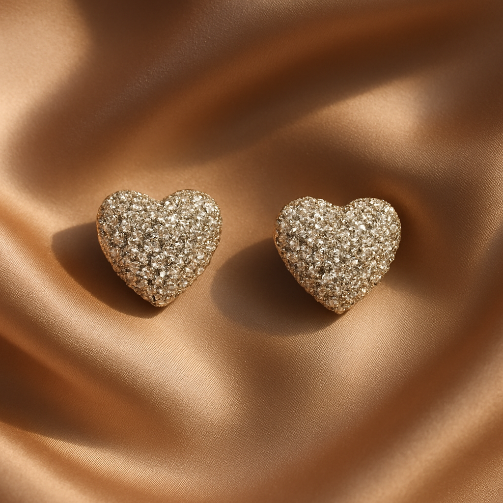 Heart-shaped diamond gold earrings, luxury handcrafted fine jewellery, statement earrings