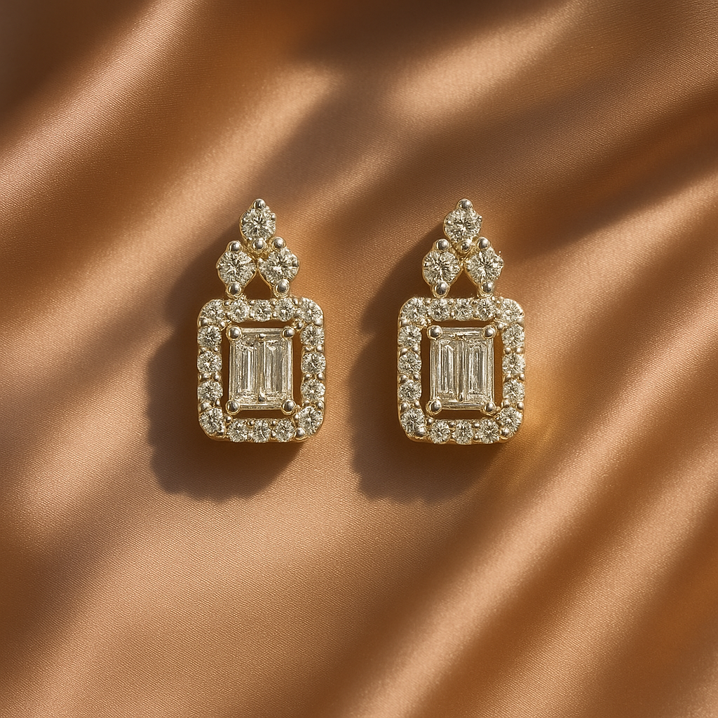 Baguette-cut diamond gold drop earrings, luxury handcrafted fine jewellery, minimal statement earrings