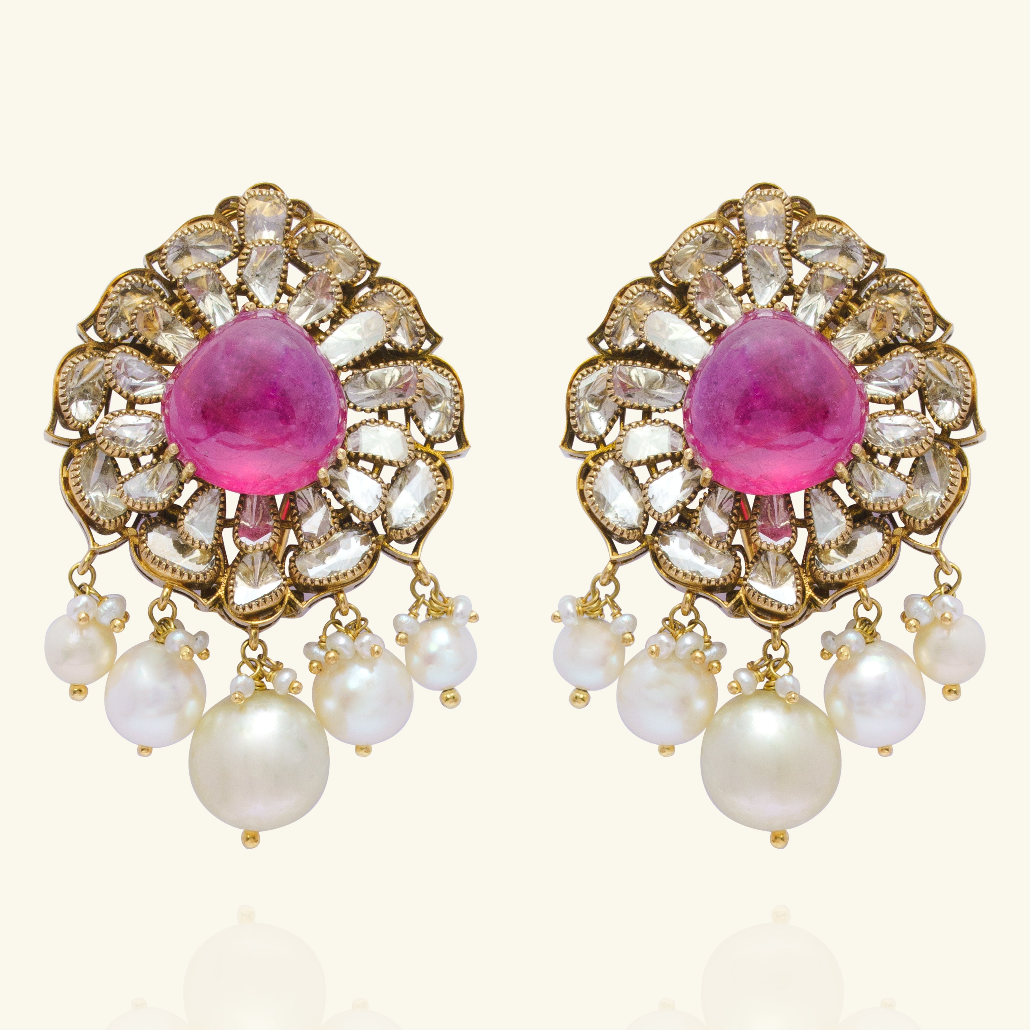 Ruby and Polki diamond gold earrings, luxury handcrafted heritage jewellery for women