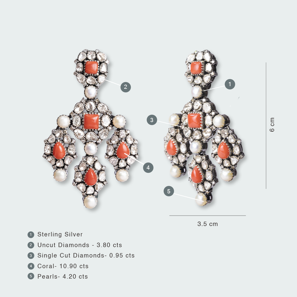 Coral Pearl Polki Chandelier Earrings