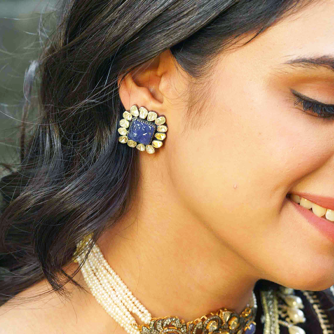 Amara Sqaure Tanzanite Polki Earrings