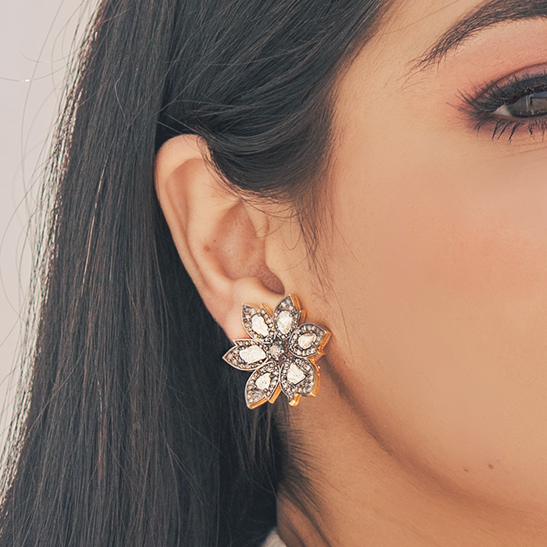 Asymmetric Flower Polki Earrings