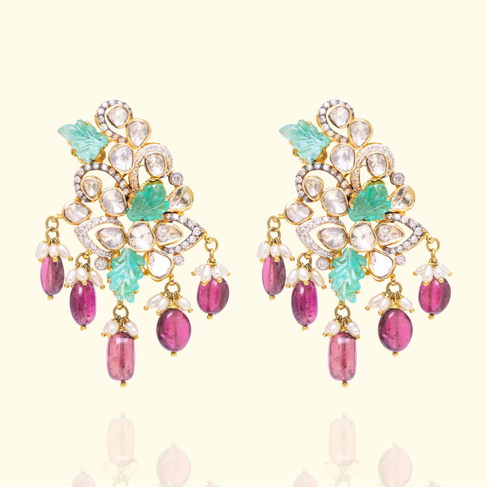 Petal Emerald Tourmaline Polki Earrings