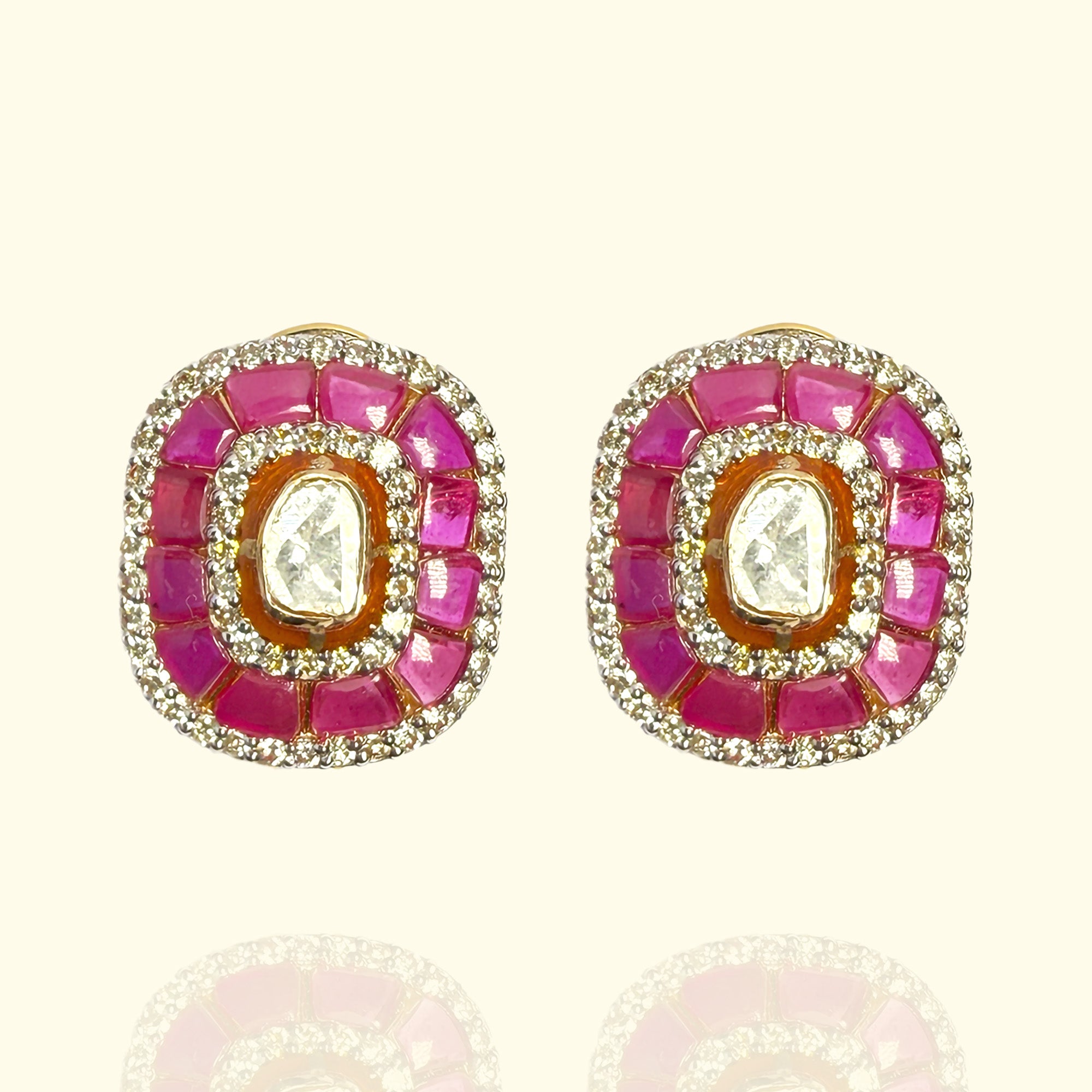 Ruby Polki diamond gold earrings, luxury handcrafted traditional Indian jewellery, statement earrings