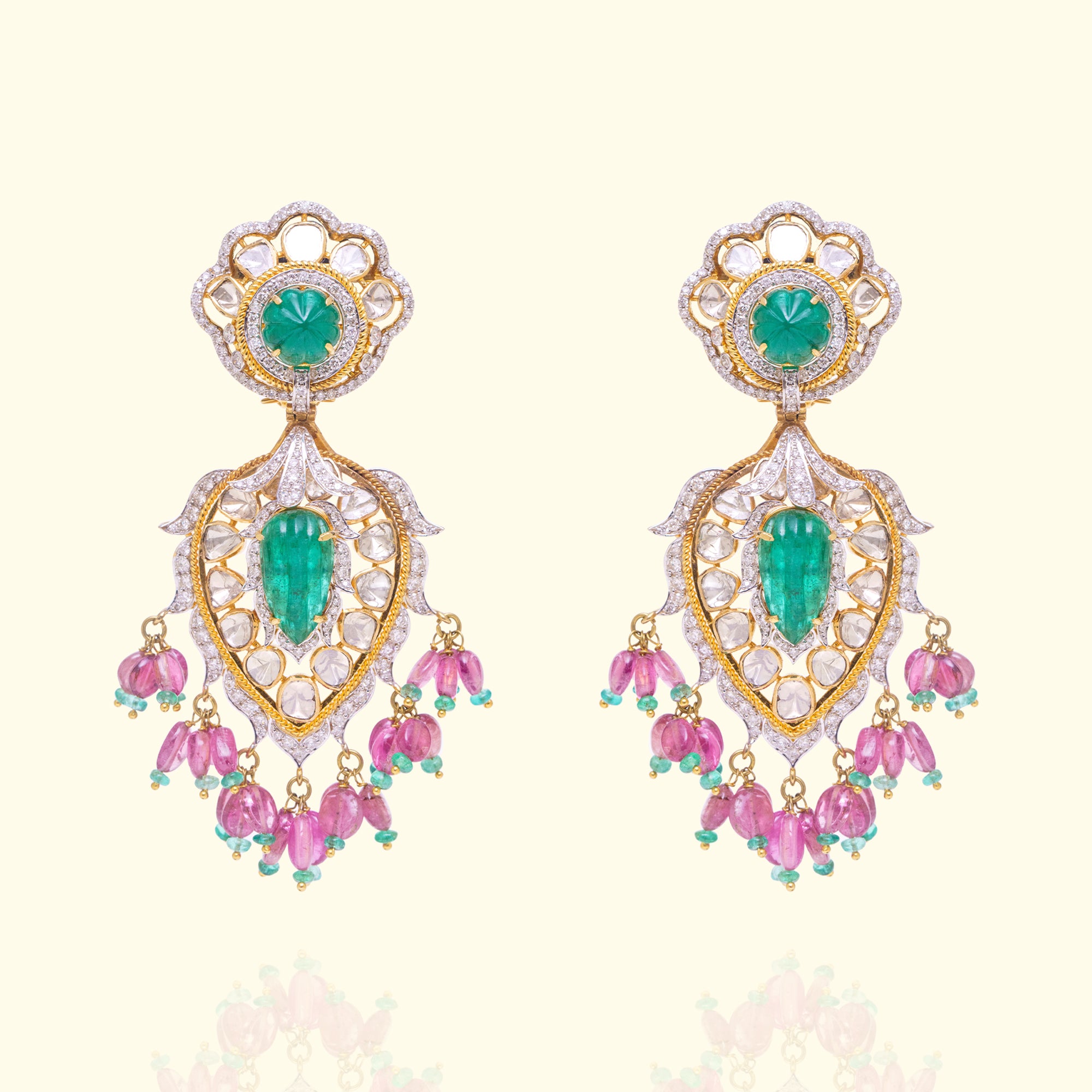 Carved Emerald Drop Polki Earrings