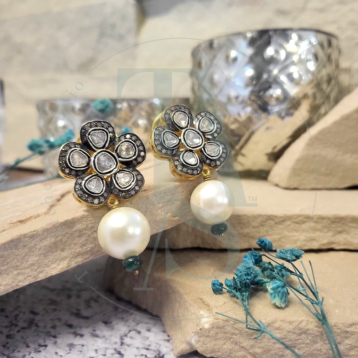 Mini Flower Blossom Uncut Diamond Earrings