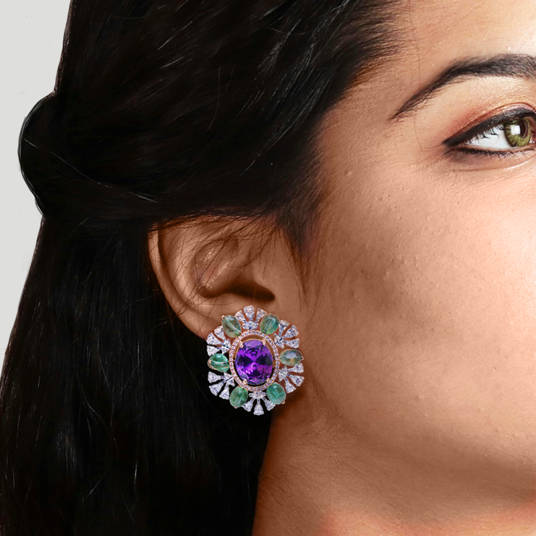 Oversized Emerald Amethyst Diamond Earrings