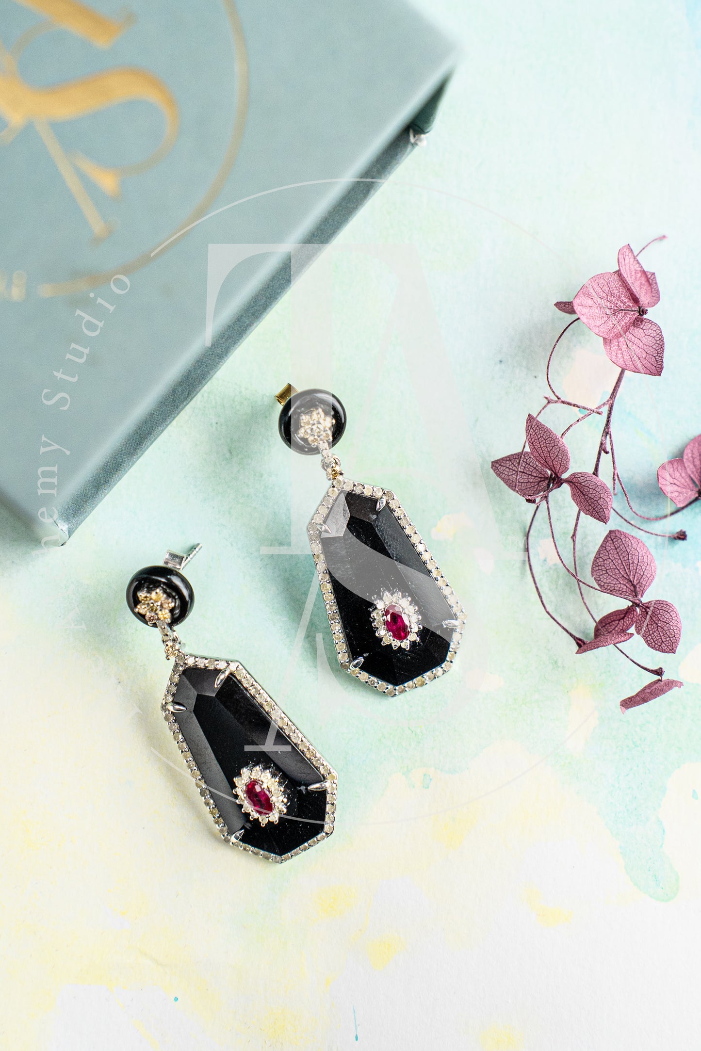 Oberon Black Onyx and Ruby Earrings