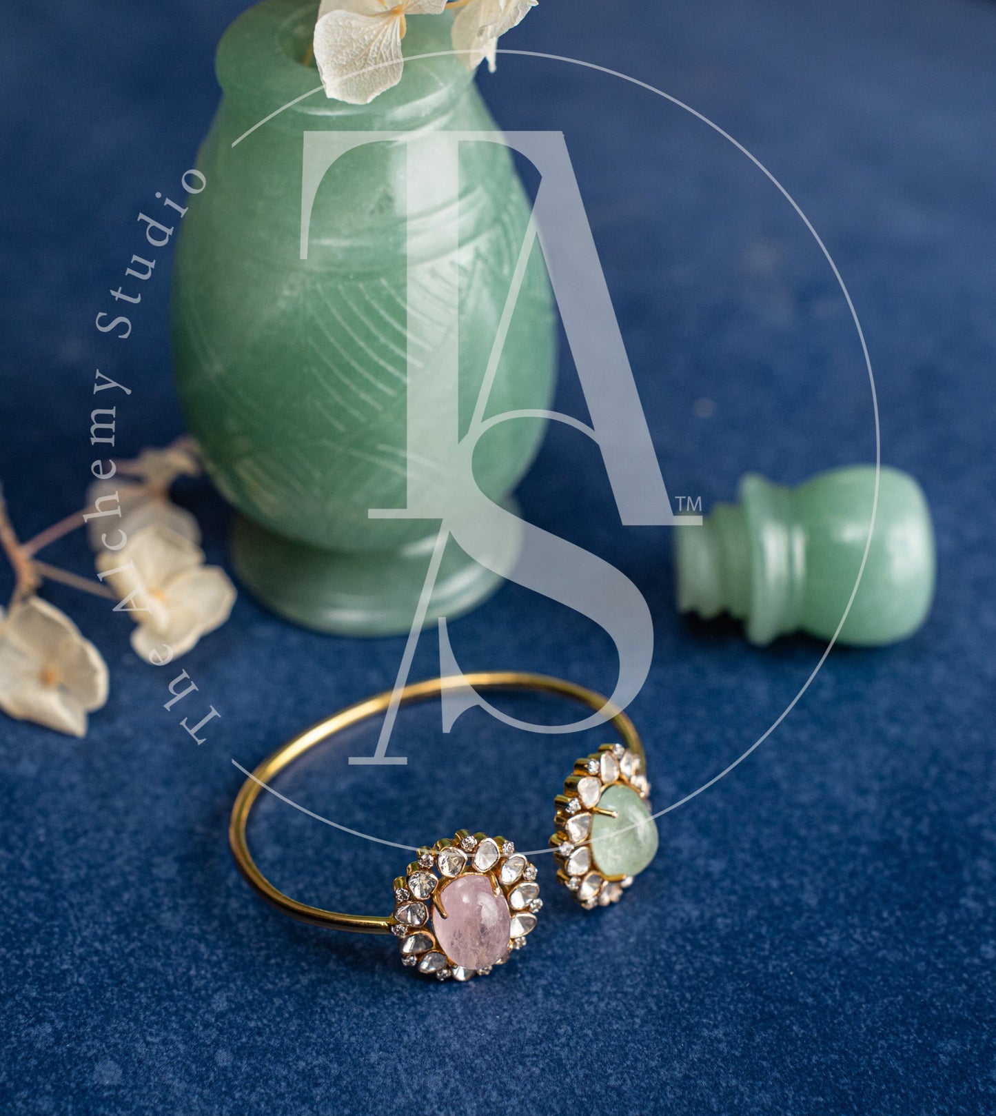 Jeahh Morganite and Russian Emerald Flower Cuff with Uncut Diamonds