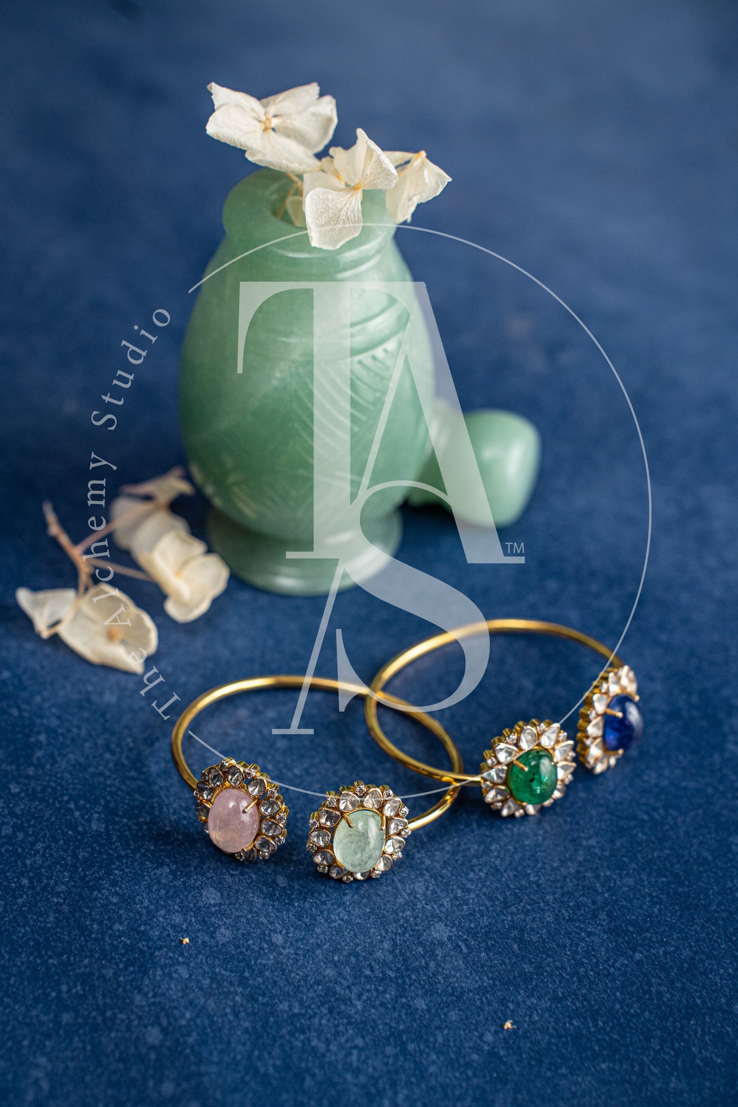 Jeahh Morganite and Russian Emerald Flower Cuff with Uncut Diamonds