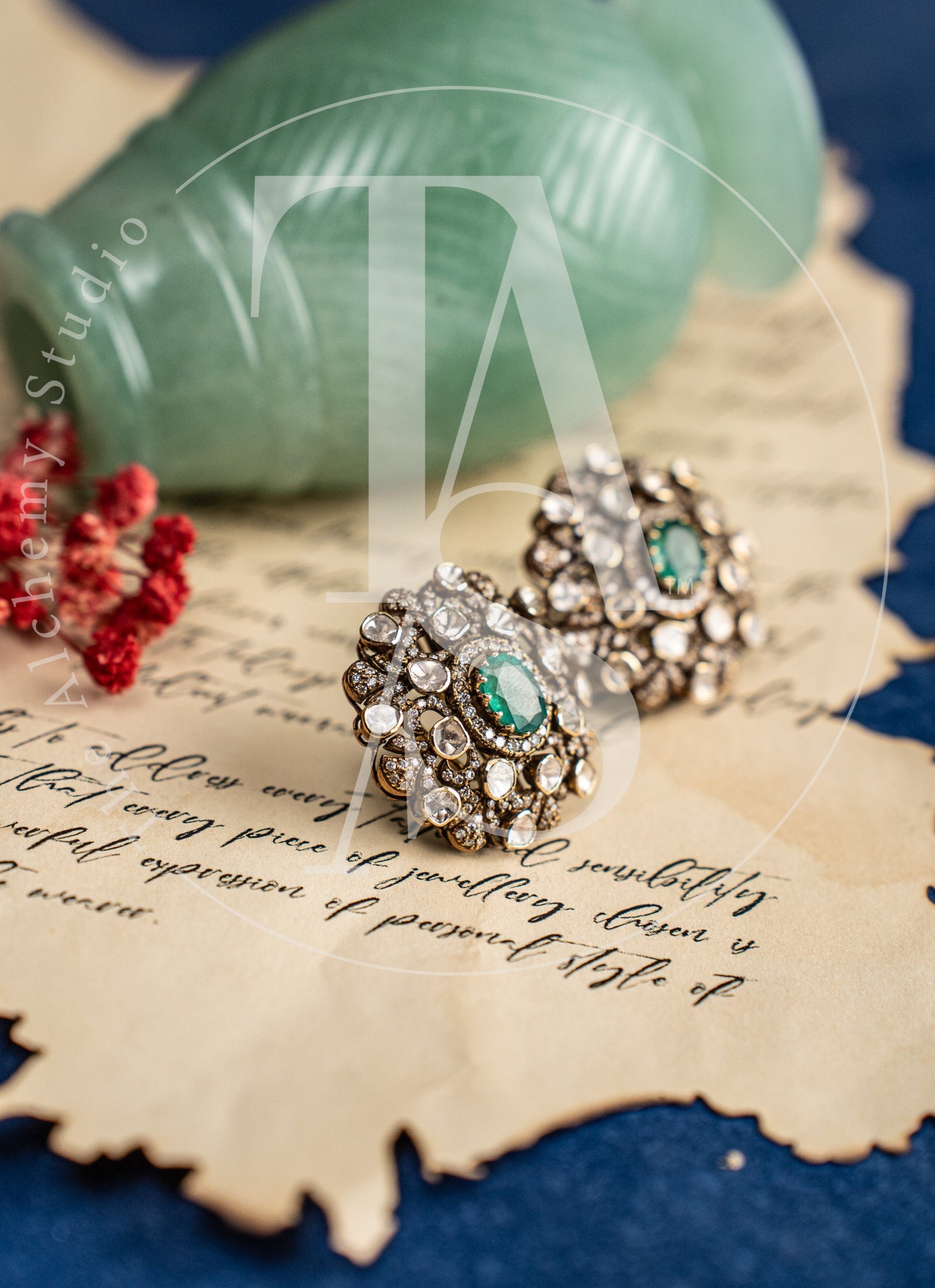 Victorian Uncut Diamond and Emerald Oversized Studs