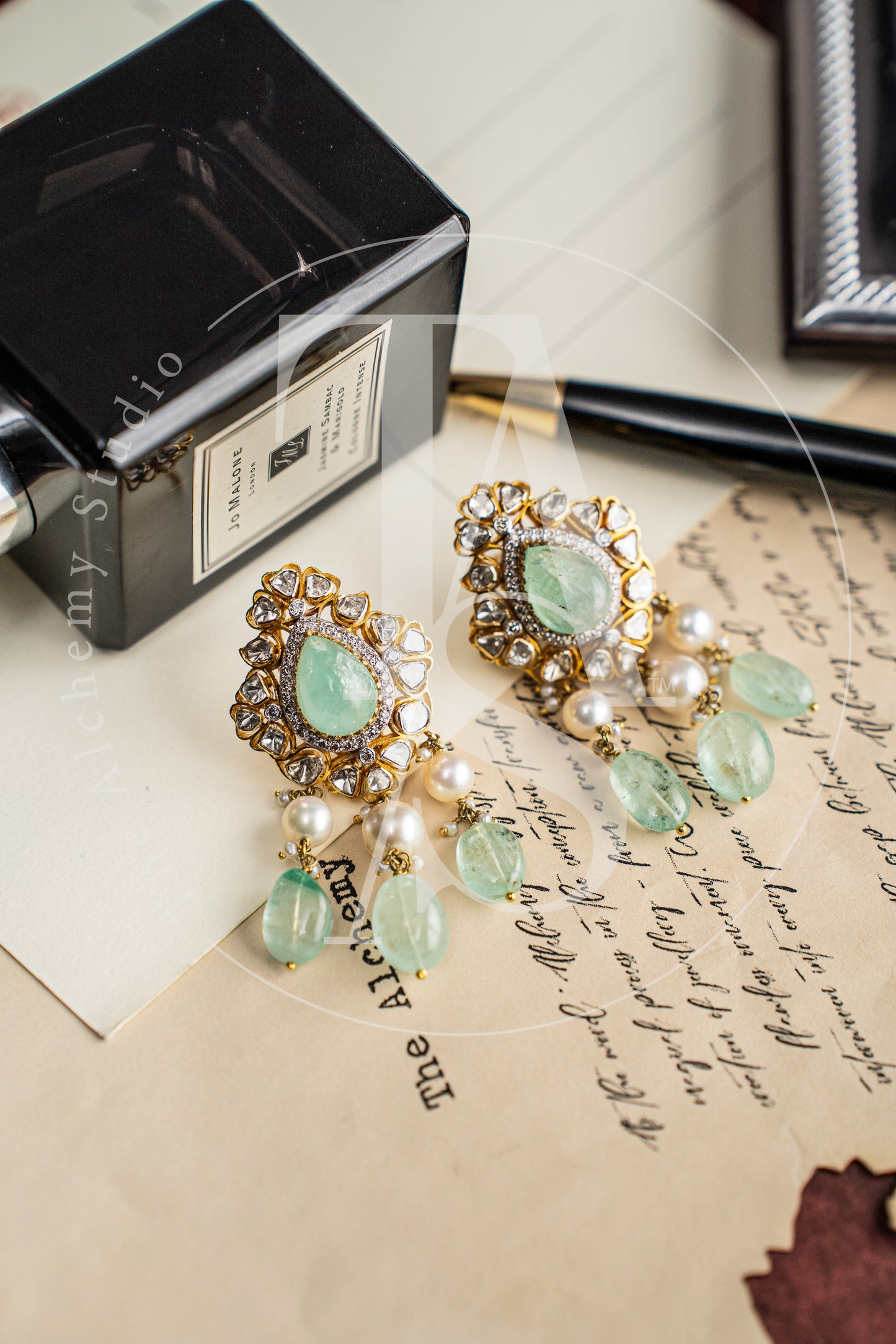 Hyderabad Uncut Diamond and Columbian Emerald Earrings
