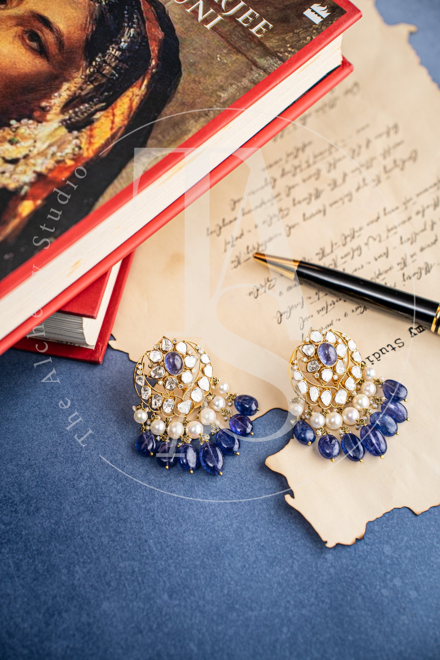 Uncut Diamond and Tanzanite Chand Earrings