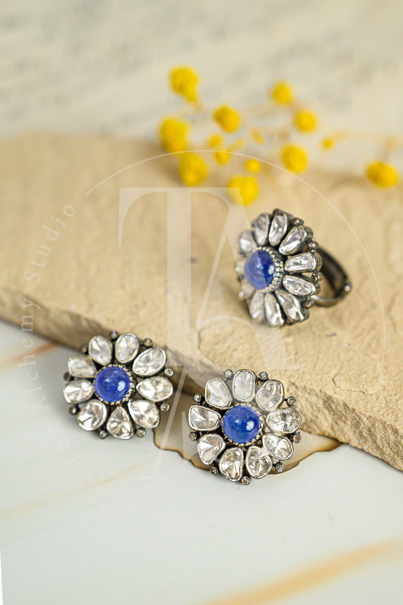 Amara Tanzanite Uncut Diamond Flower Earrings