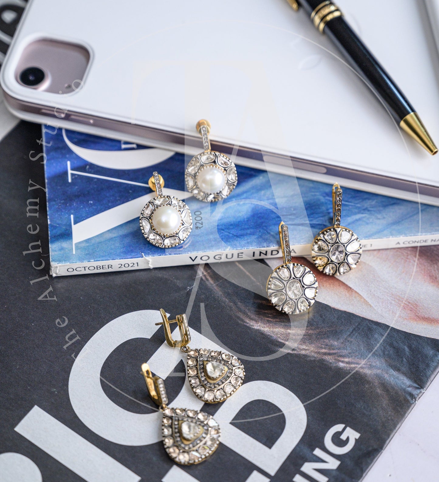 Ray Pearl and Polki Earrings
